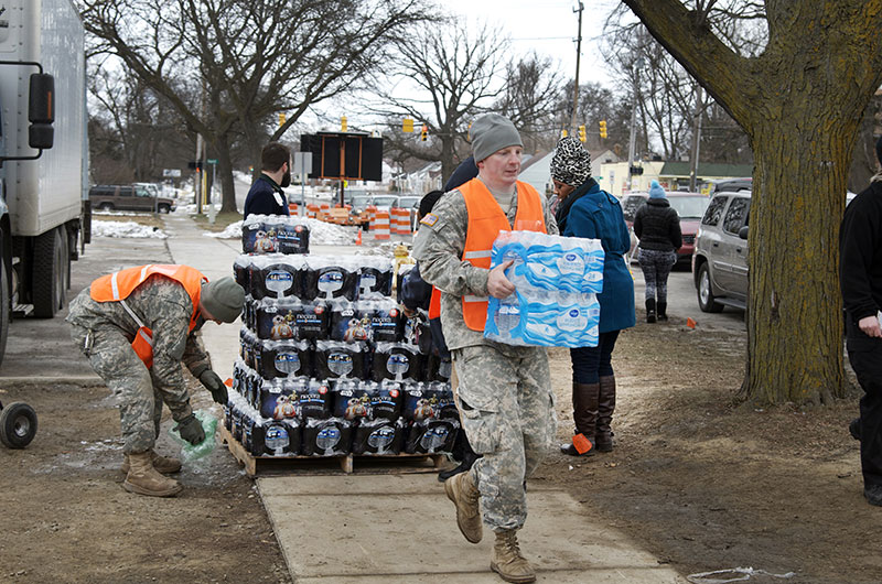 The National Guard delivers bottled water to Flint, MI